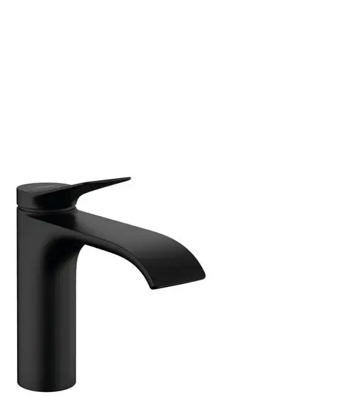 Ein schwarzer Waschtischmischer mit einem flachen Auslauf und einem Hebel, hergestellt von Hansgrohe. Der Mischer hat eine Zugstangen-Ablaufgarnitur.